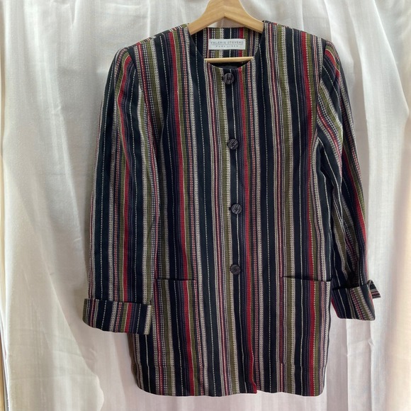 Valerie Stevens Pure Linen Vintage Striped Button Front Jacket Blazer - Picture 1 of 10